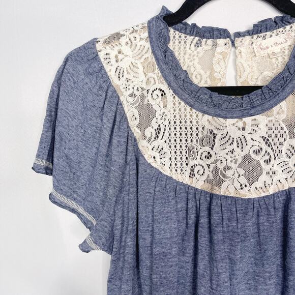 New Hem & Thread Small S Blue Cream Lace Yoke Burnout Short Sleeve Tee Cotton - Picture 3 of 10
